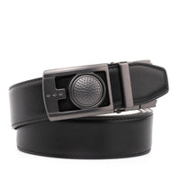 Black belt folded with a rectangular gunmetal buckle and white reverse side