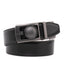 Black belt folded with a rectangular gunmetal buckle and white reverse side