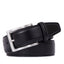 Black leather belt folded to show the rectangular single-prong buckle and stitched edges