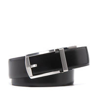 Black belt coiled horizontally with a silver rectangular buckle across the front