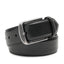 Coiled black belt showing the buckle frame, tongue, painted edge, and adjustment holes