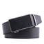 Black leather belt with rectangular gunmetal ratchet buckle and fine textured strap