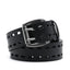 Black full-grain leather belt coiled around an antiqued double-prong buckle