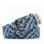 Blue braided woven belt folded beside a gunmetal single-prong buckle