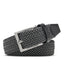 Black braided belt folded with a rectangular single-prong buckle and leather tip