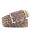 Brown braided belt folded with a rectangular single-prong buckle and leather tip