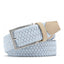 Sky blue braided belt folded with a rectangular single-prong buckle and leather tip