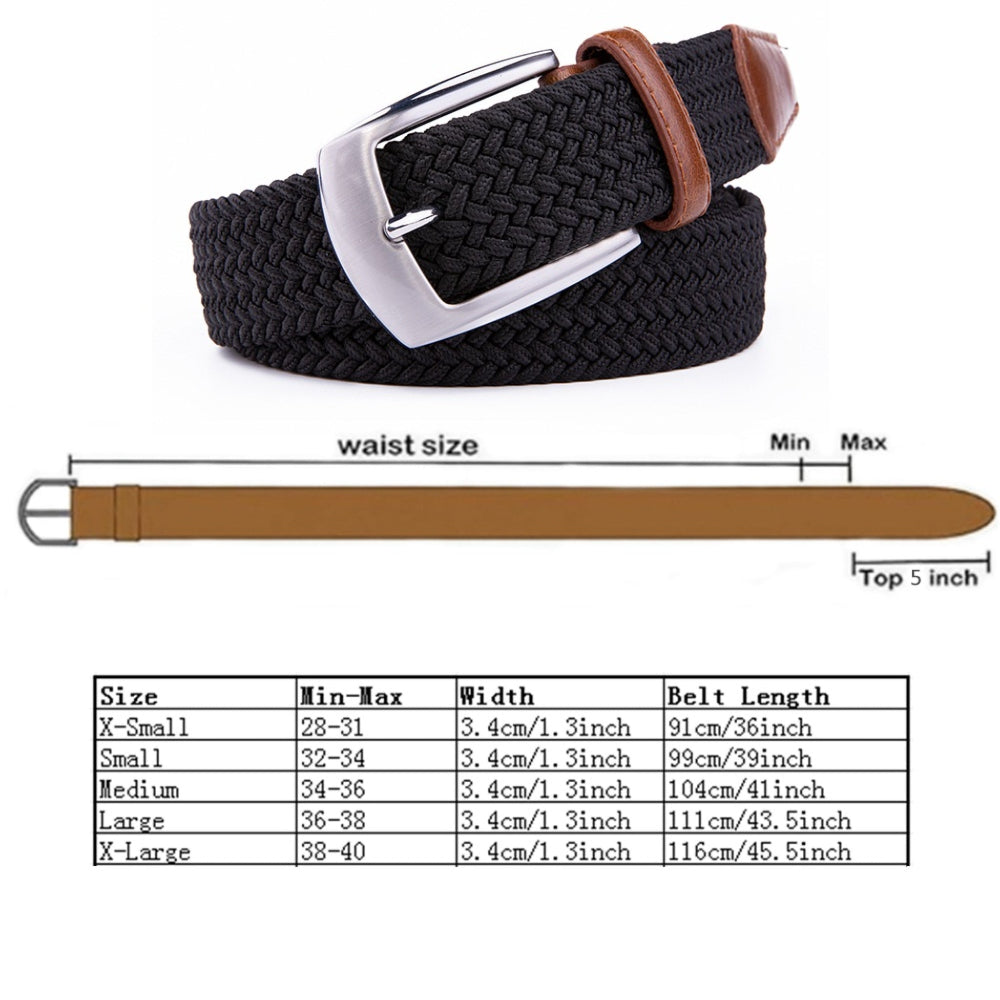 Woven Elastic Leather Trim Single Prong Buckle Men's Belt LA1197