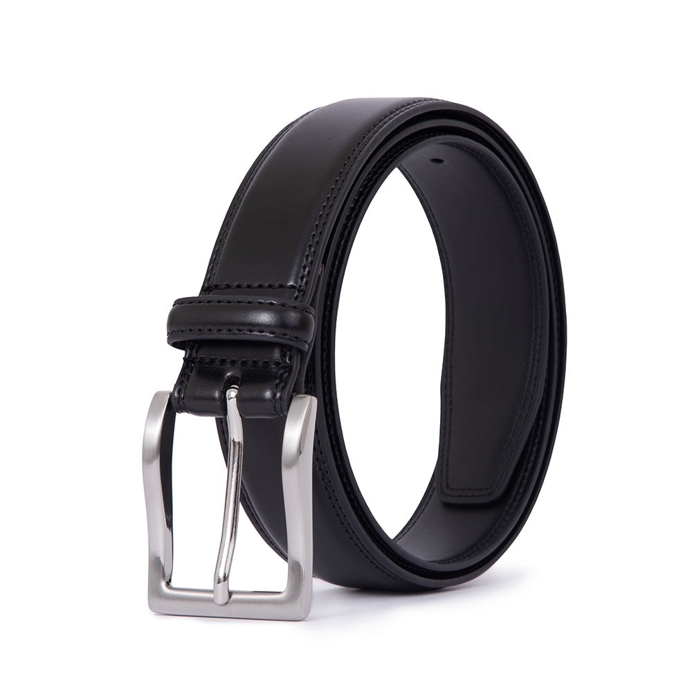 Classic Double-Stitch Single Prong Reversible Business Leather Belt for Men