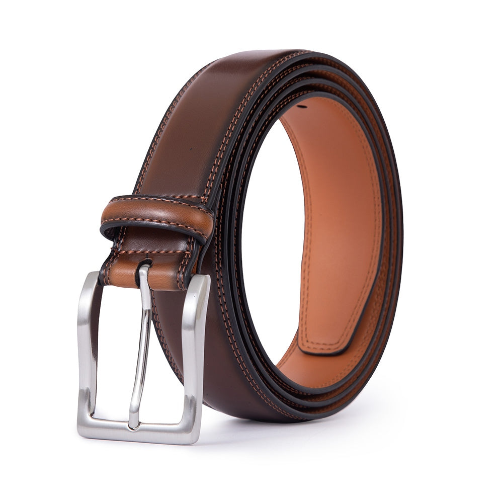 Classic Double-Stitch Single Prong Reversible Business Leather Belt for Men