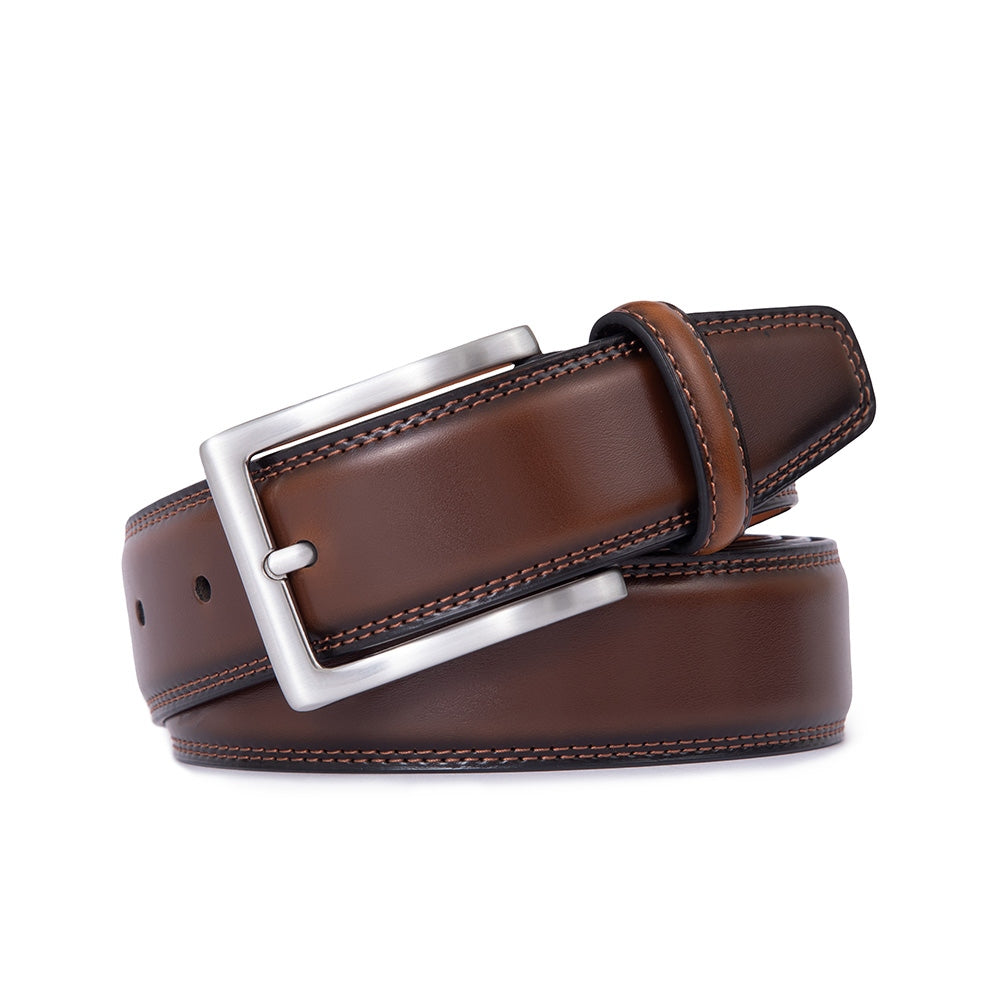 Classic Double-Stitch Single Prong Reversible Business Leather Belt for Men