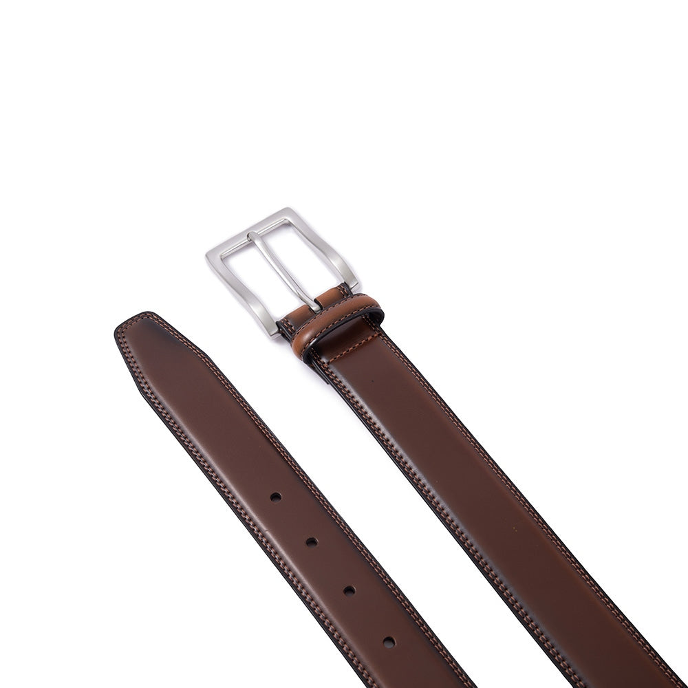 Classic Double-Stitch Single Prong Reversible Business Leather Belt for Men