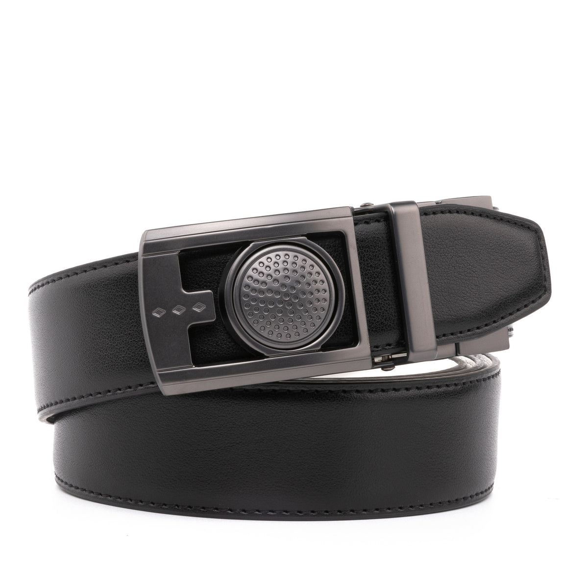 Black belt folded with a rectangular gunmetal buckle and white reverse side Main image