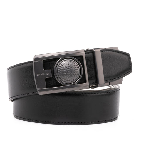 Black belt folded with a rectangular gunmetal buckle and white reverse side