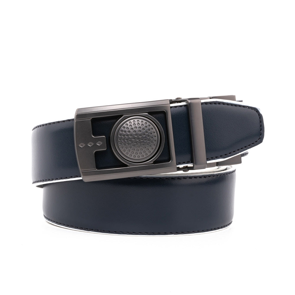 Men's Reversible Golf Belt – Two-Tone Leather Belt with Magnetic Ball Markers - navy/white