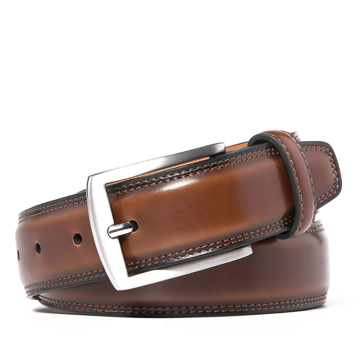 Burnt Umber leather dress belt coiled with rectangular single-prong buckle Main image