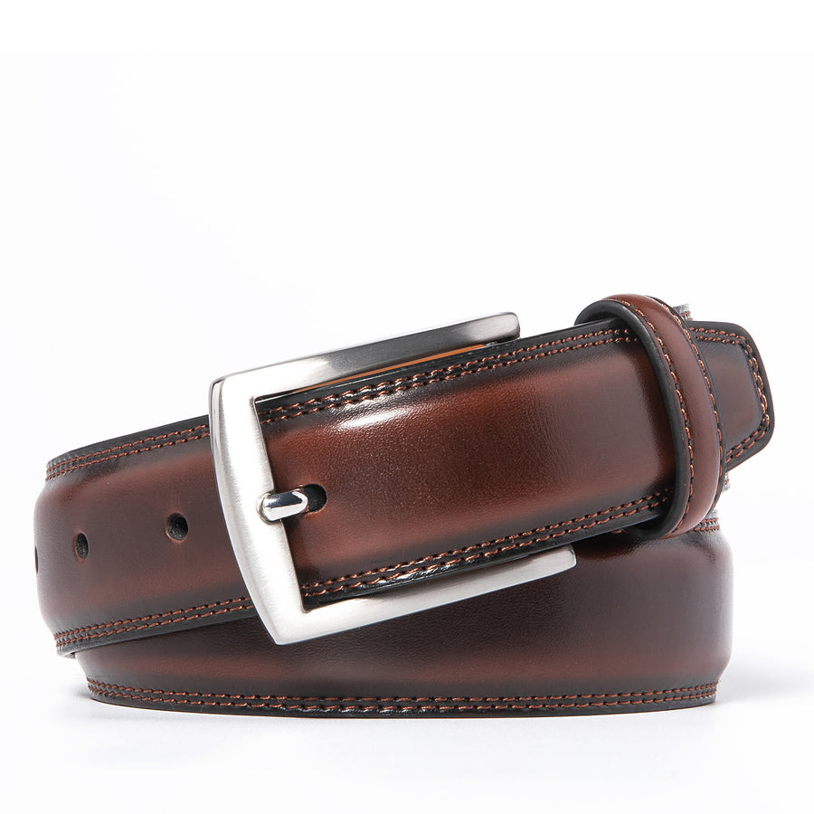 Mahogany leather dress belt coiled with rectangular single-prong buckle