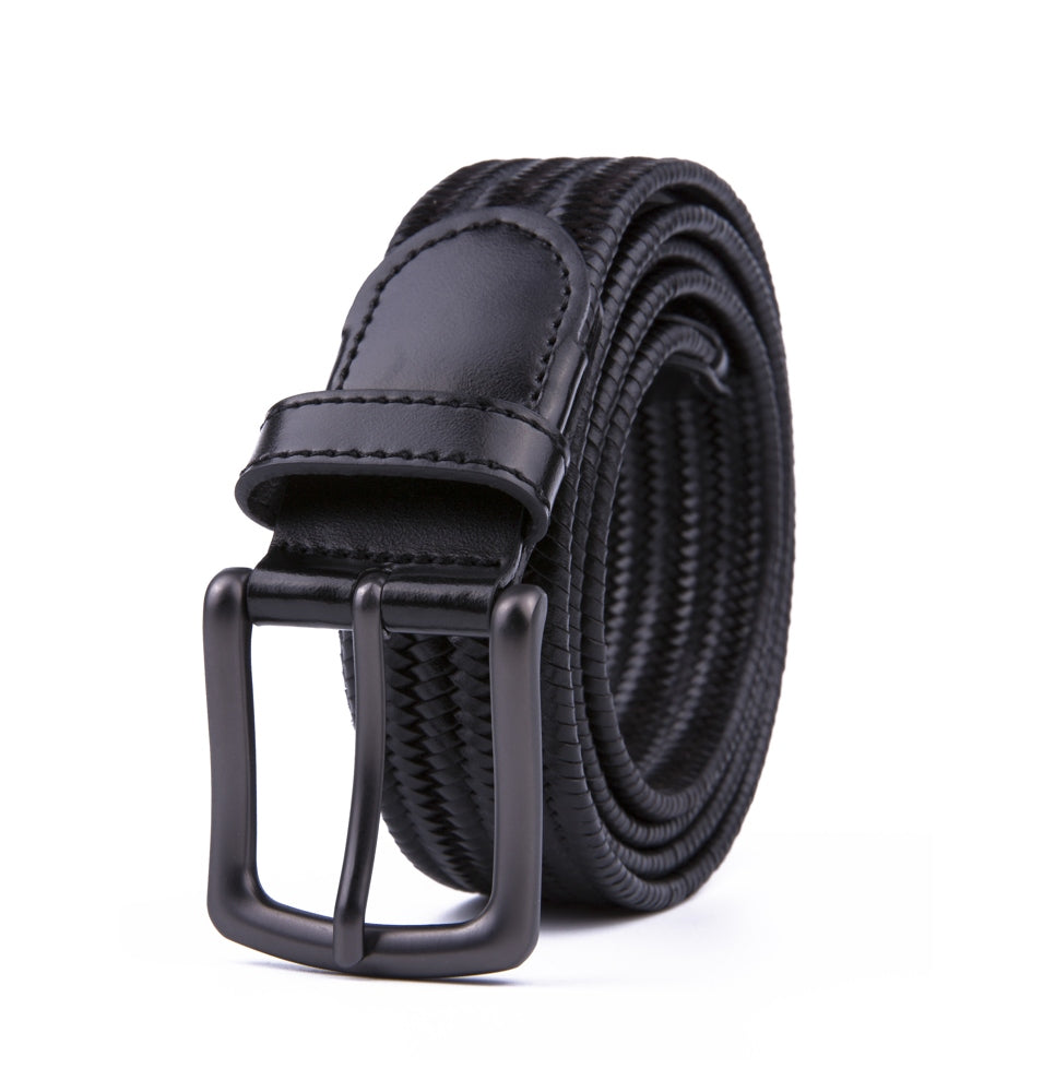 Black Woven Leather Trim Single Prong Buckle Men's Belt
