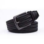Black Woven Leather Trim Single Prong Buckle Men's Belt