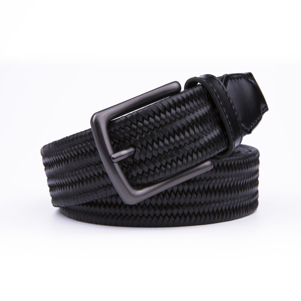 Black Woven Leather Trim Single Prong Buckle Men's Belt