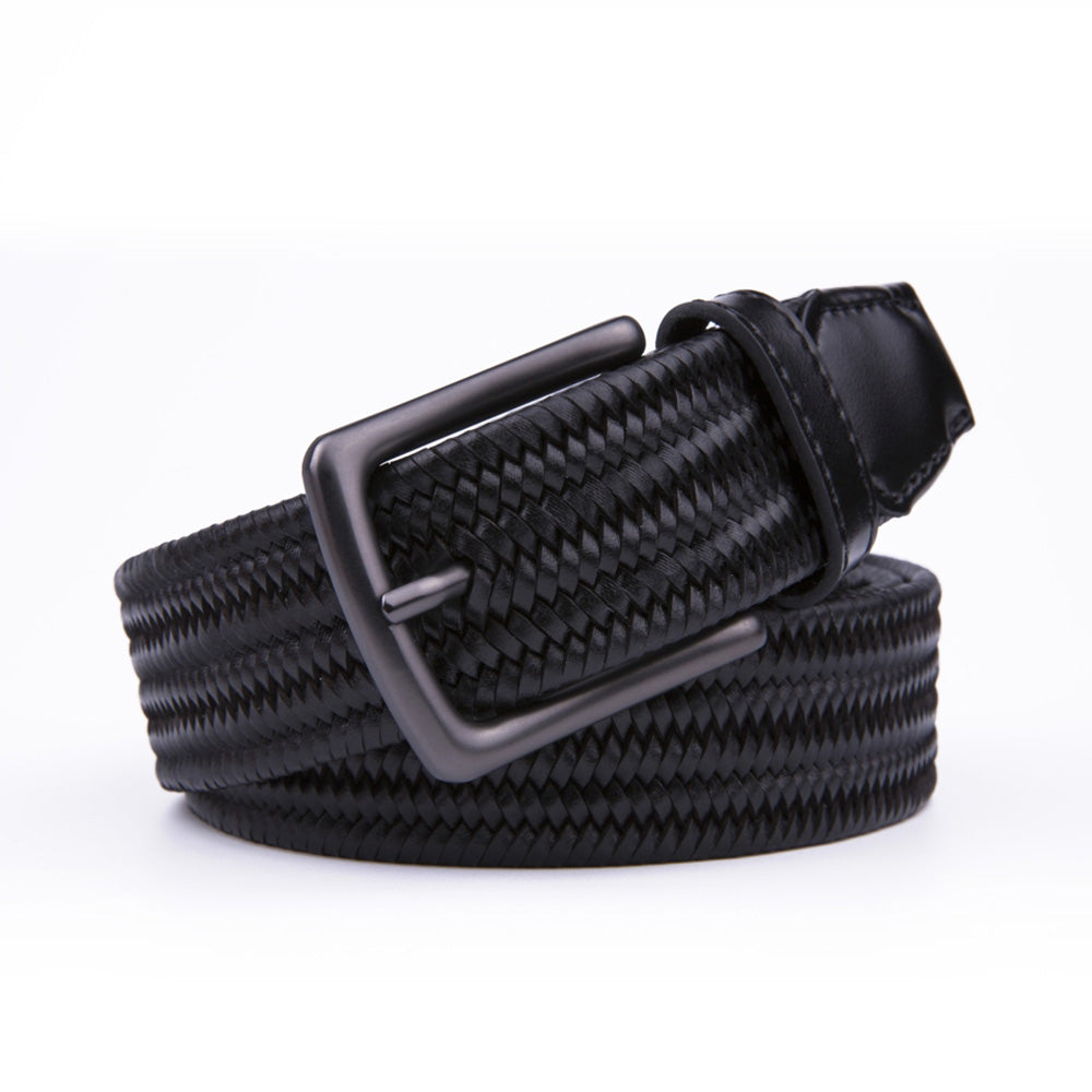 Woven Leather Trim Single Prong Buckle Men's Belt