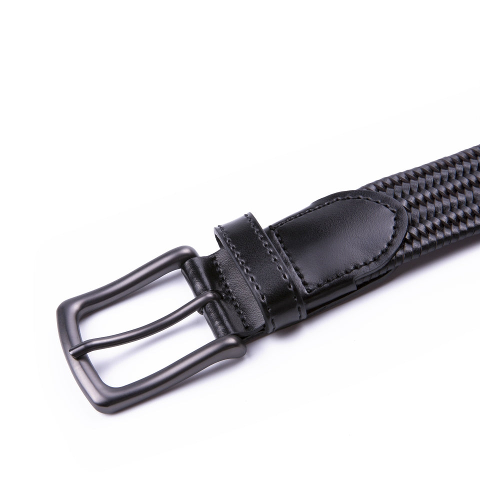 Black Woven Leather Trim Single Prong Buckle Men's Belt