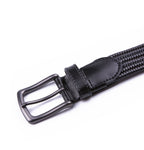 Black Woven Leather Trim Single Prong Buckle Men's Belt