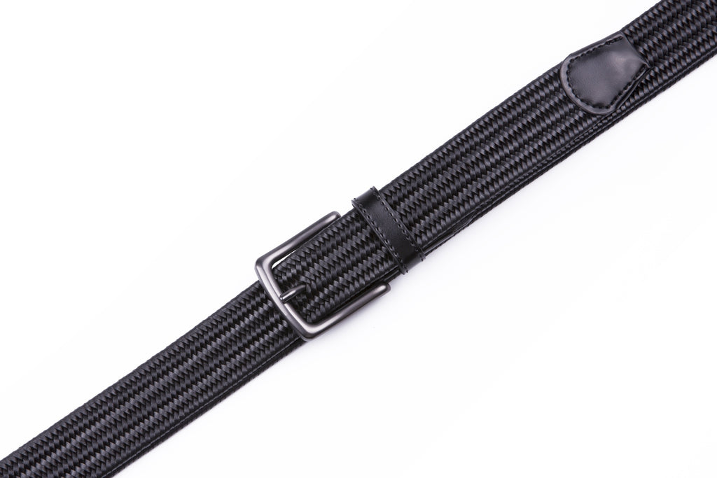 Black Woven Leather Trim Single Prong Buckle Men's Belt