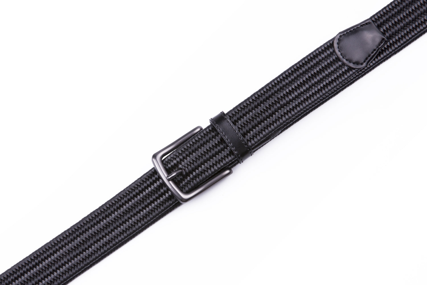 Black Woven Leather Trim Single Prong Buckle Men's Belt