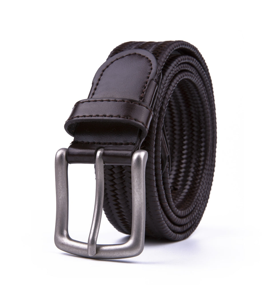 Black Woven Leather Trim Single Prong Buckle Men's Belt