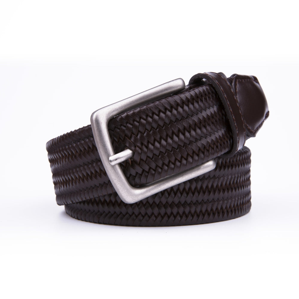 Black Woven Leather Trim Single Prong Buckle Men's Belt