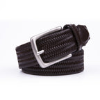 Black Woven Leather Trim Single Prong Buckle Men's Belt