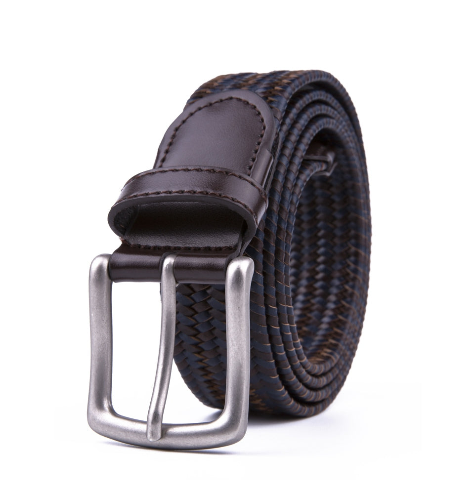 Black Woven Leather Trim Single Prong Buckle Men's Belt