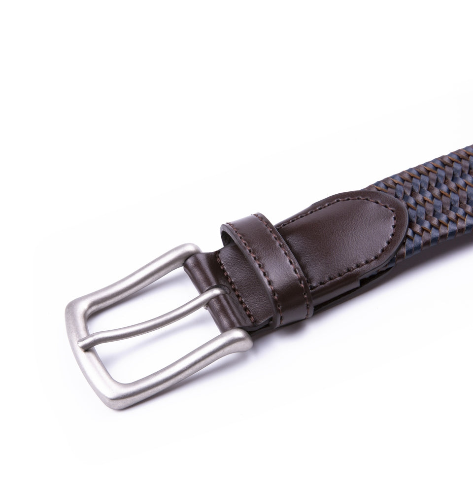 Black Woven Leather Trim Single Prong Buckle Men's Belt