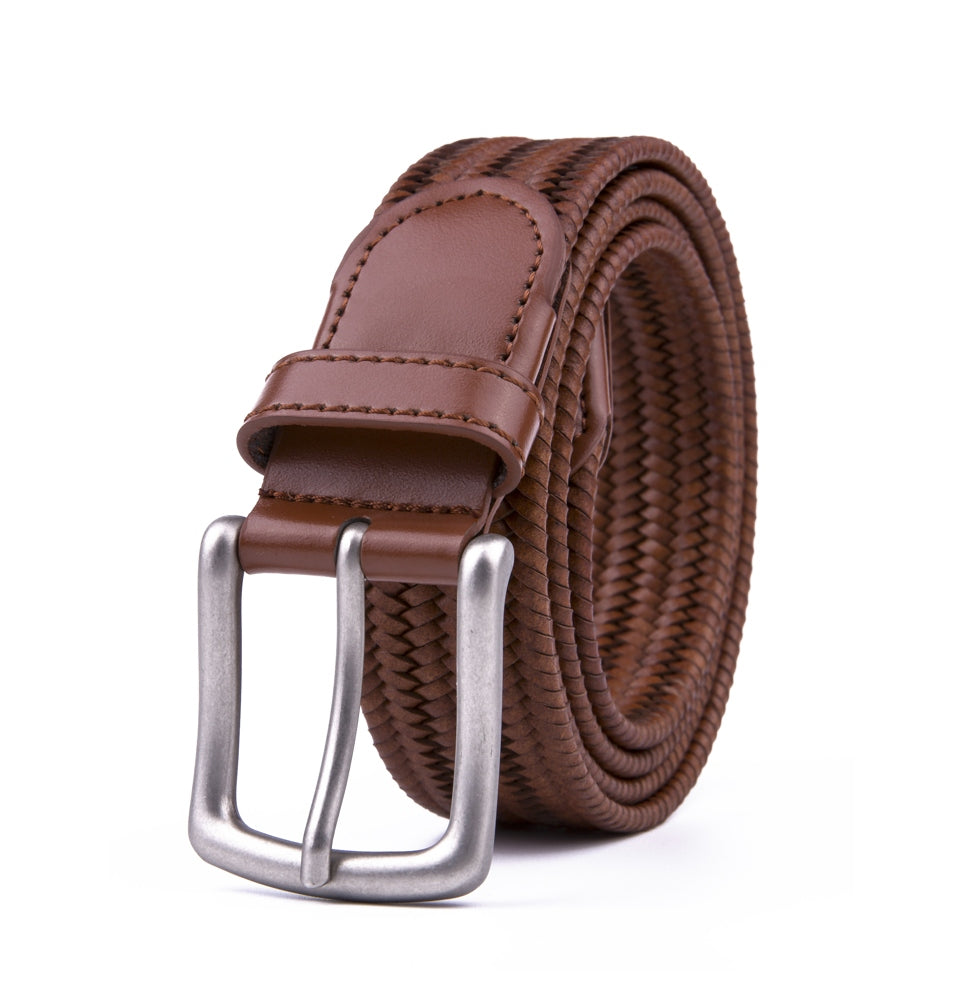 Black Woven Leather Trim Single Prong Buckle Men's Belt