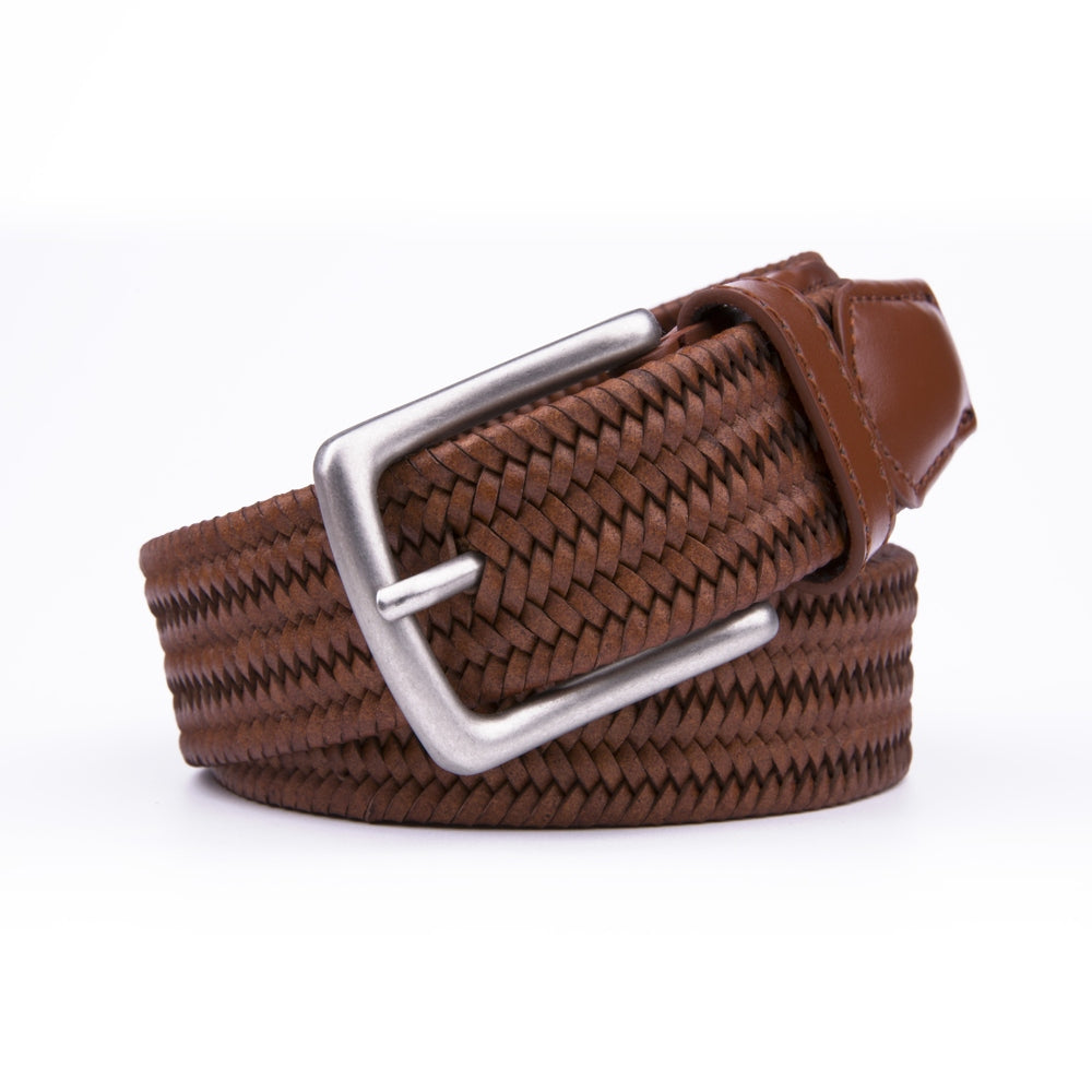 Black Woven Leather Trim Single Prong Buckle Men's Belt