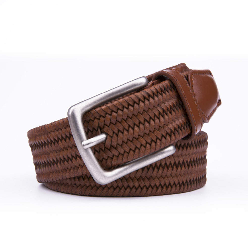 Woven Leather Trim Single Prong Buckle Men's Belt