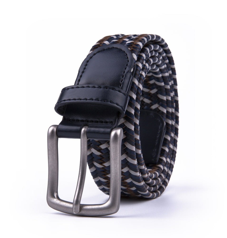 Black Woven Leather Trim Single Prong Buckle Men's Belt