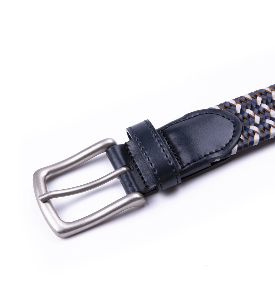 Black Woven Leather Trim Single Prong Buckle Men's Belt