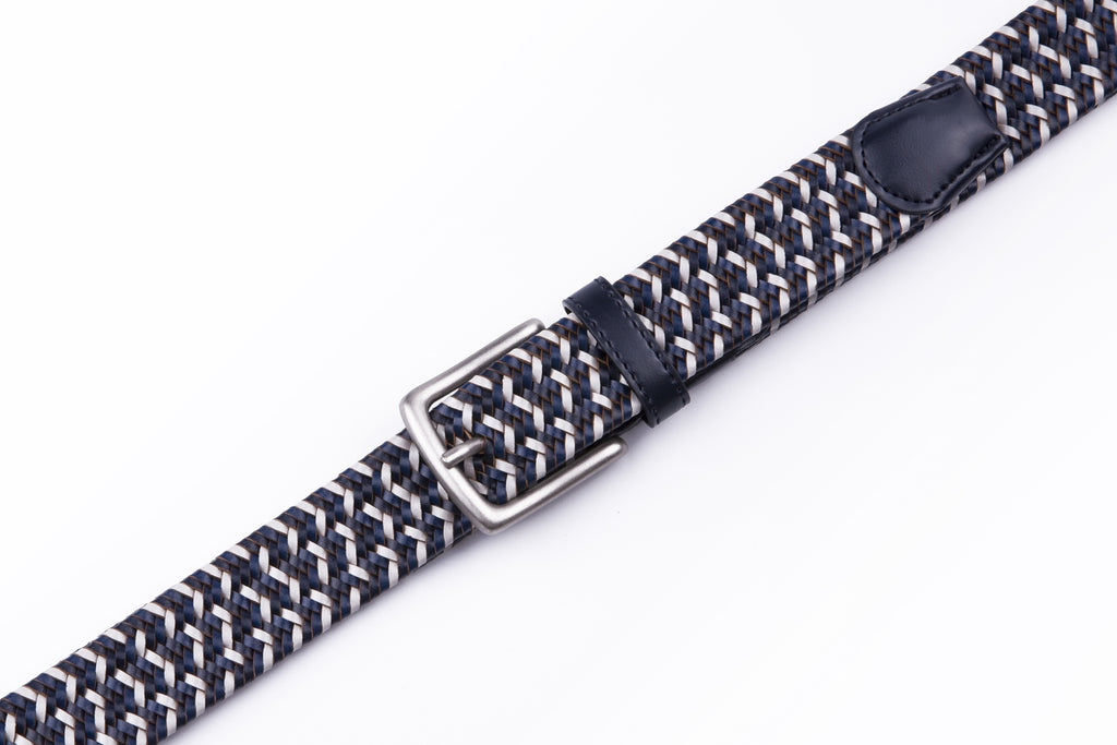 Black Woven Leather Trim Single Prong Buckle Men's Belt