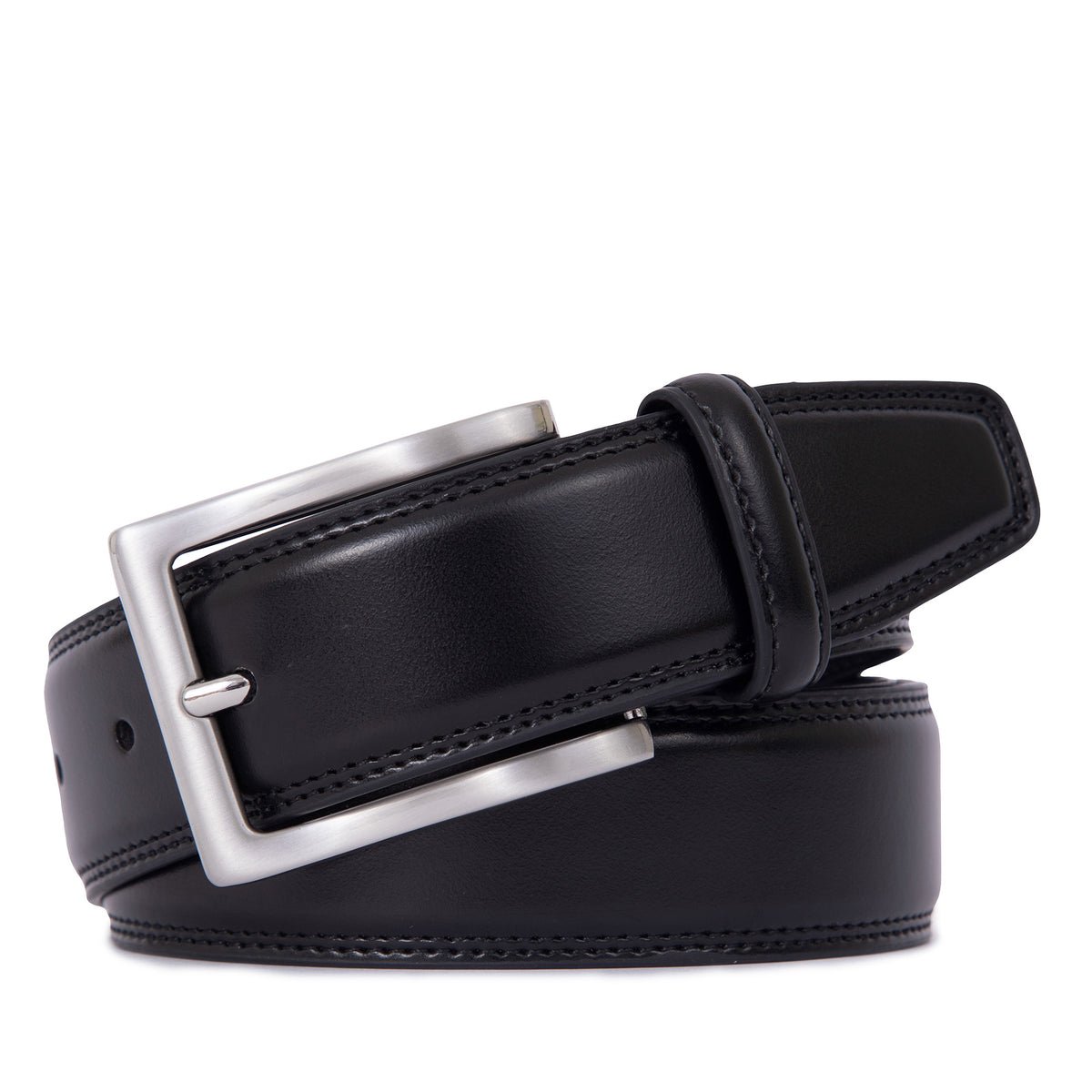 Black leather belt folded to show the rectangular single-prong buckle and stitched edges Main image