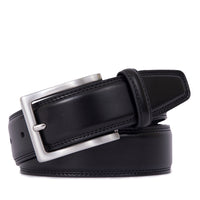 Black leather belt folded to show the rectangular single-prong buckle and stitched edges
