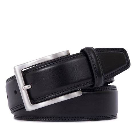 Black leather belt folded to show the rectangular single-prong buckle and stitched edges