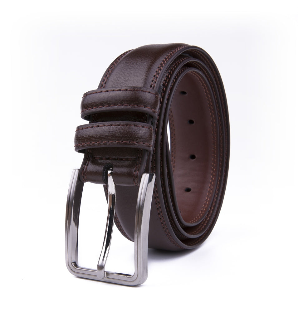 Double-Stitch Embossed Double Leather Loops Single Prong Buckle Men's Belt