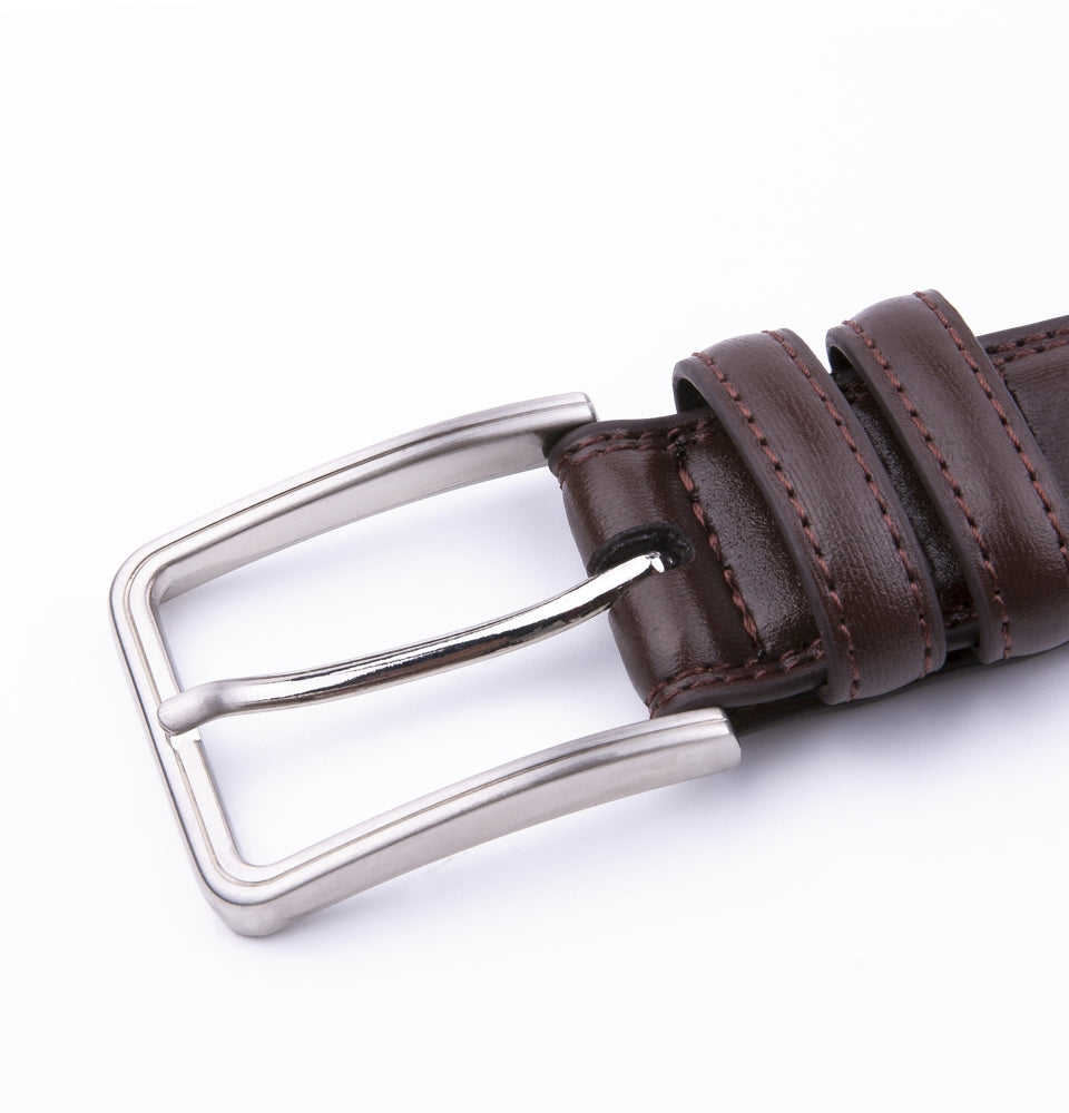 Double-Stitch Embossed Double Leather Loops Single Prong Buckle Men's Belt