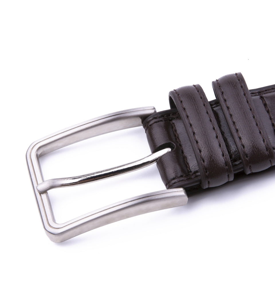 Double-Stitch Embossed Double Leather Loops Single Prong Buckle Men's Belt