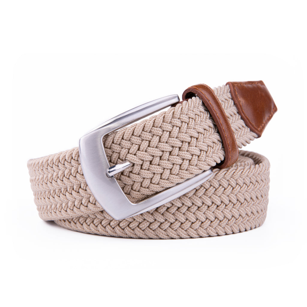Woven Elastic Leather Trim Single Prong Buckle Men's Belt LA1197