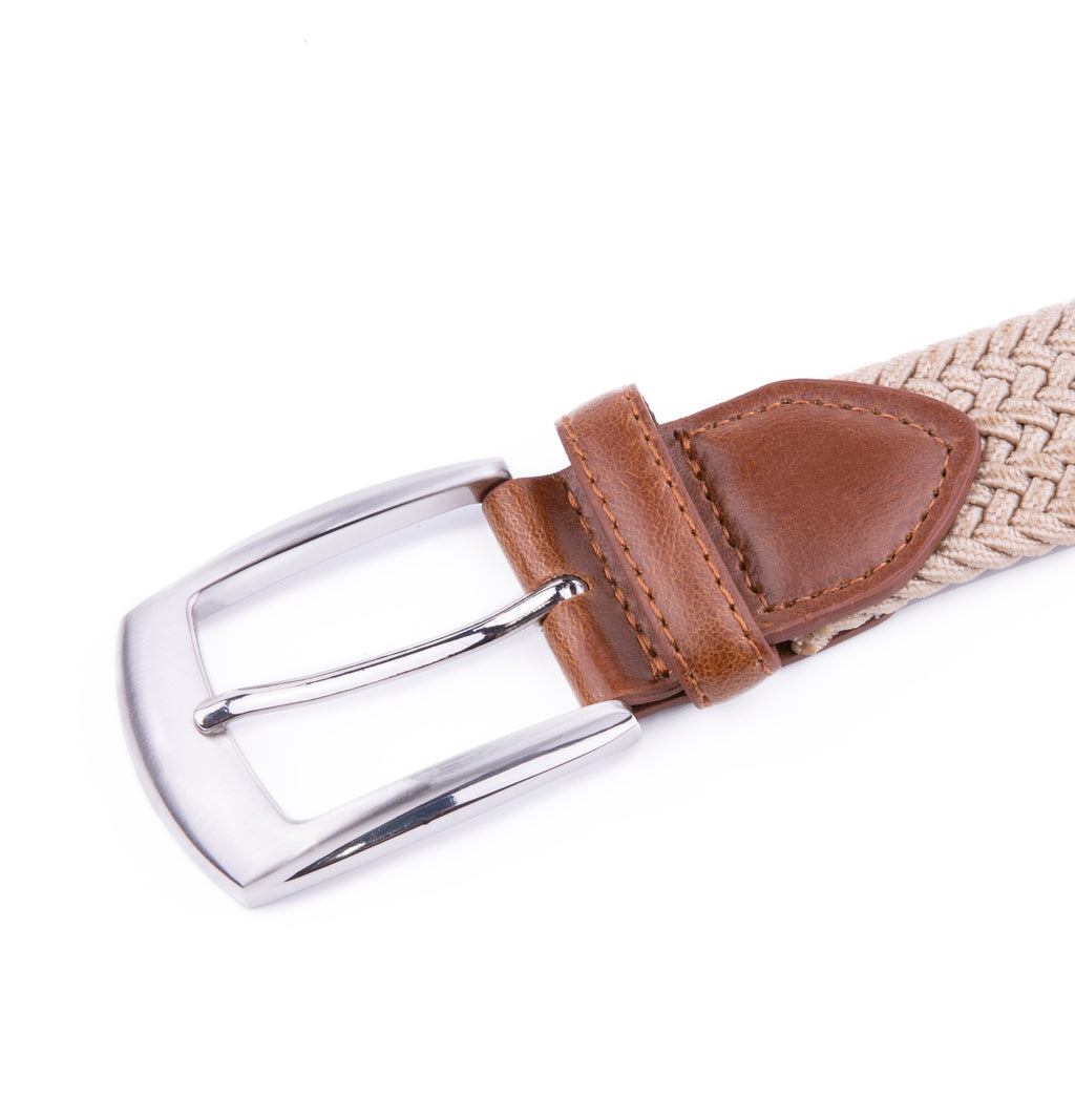 Woven Elastic Leather Trim Single Prong Buckle Men's Belt LA1197