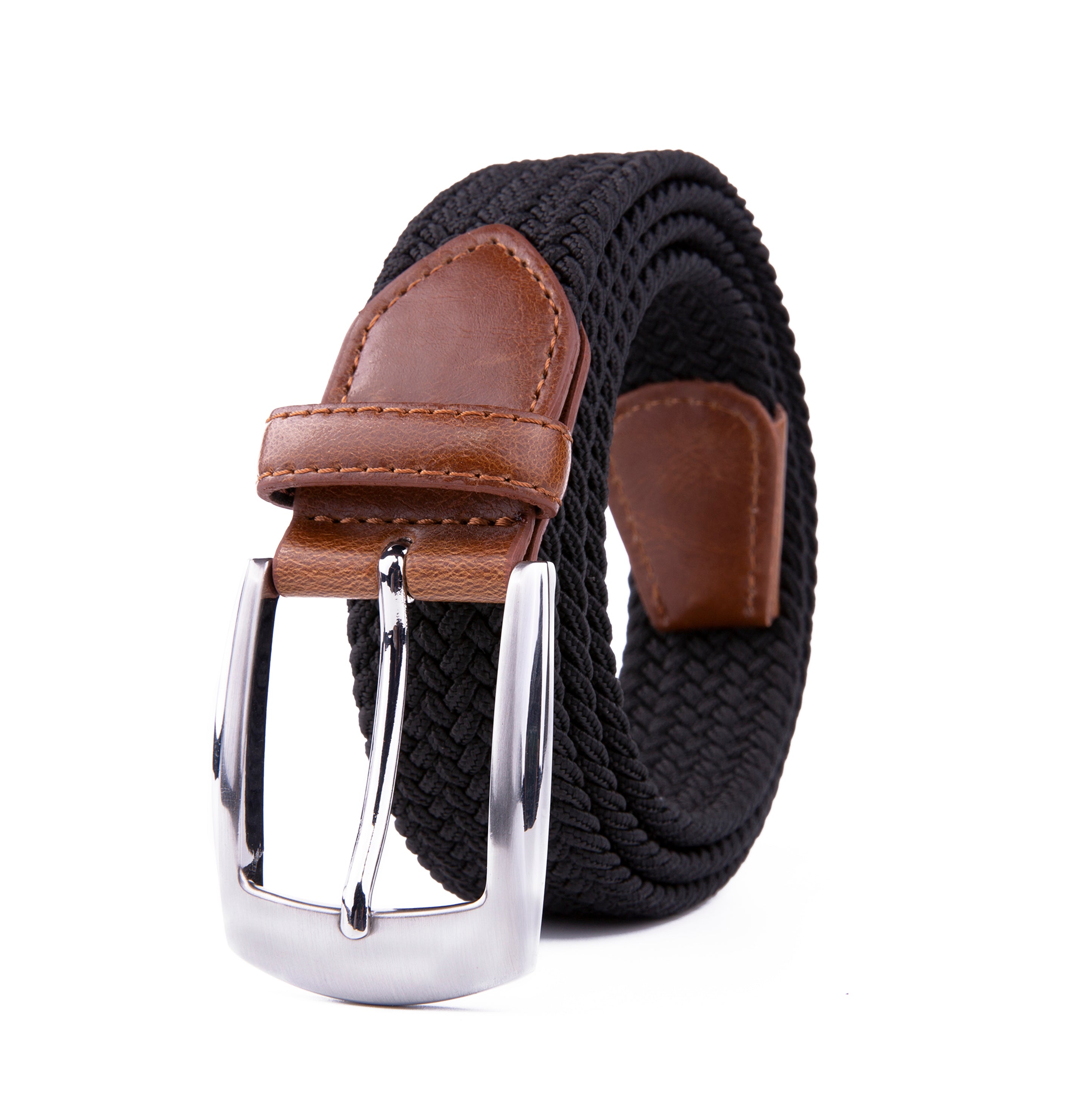 Woven Elastic Leather Trim Single Prong Buckle Men's Belt Secondary image