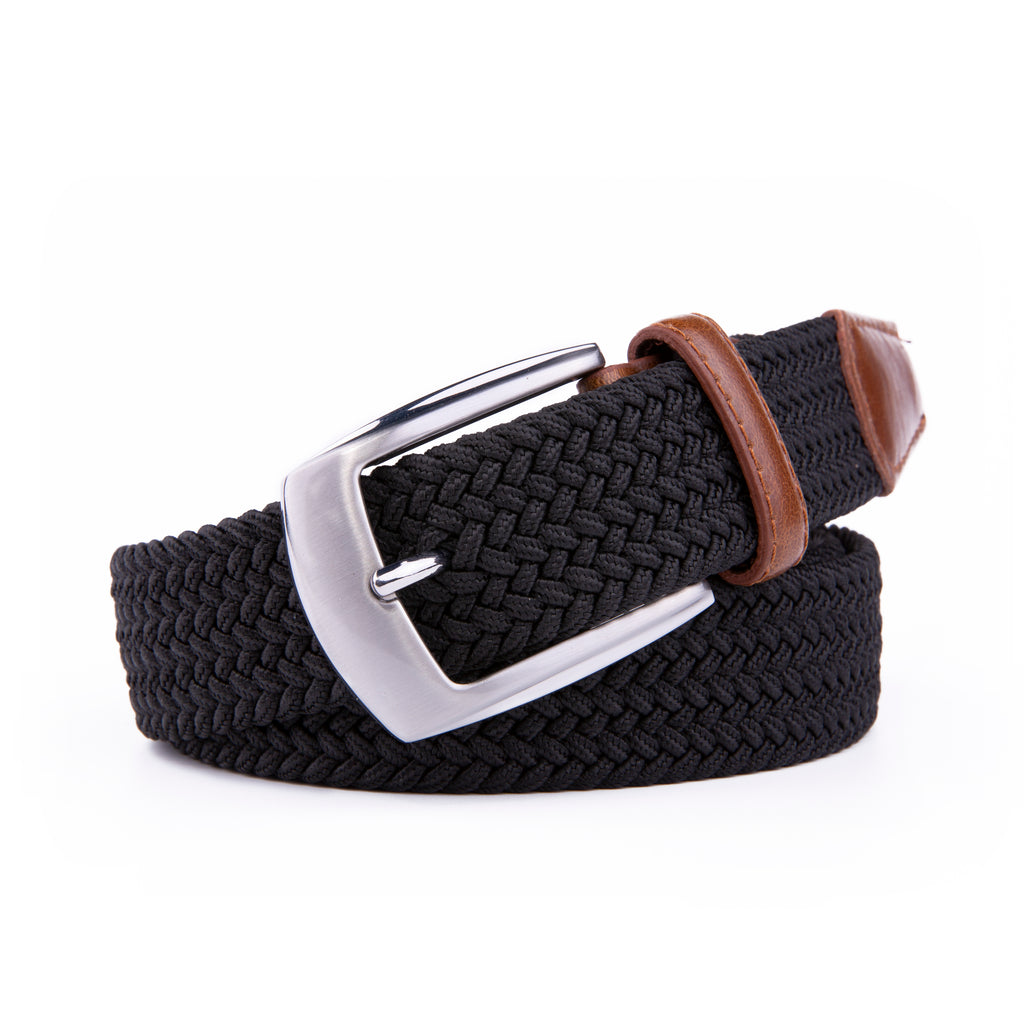 Woven Elastic Leather Trim Single Prong Buckle Men's Belt LA1197